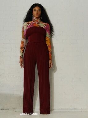 Andrea Iyamah Burgundy Ribbed Wide-Leg Jumpsuit